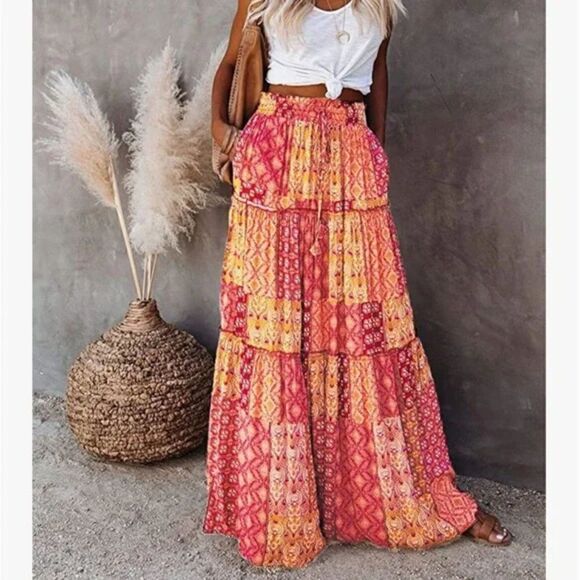 New Boho Print Elastic High Waist Pleated Ruffle Flowy Long Skirt - Picture 2 of 6